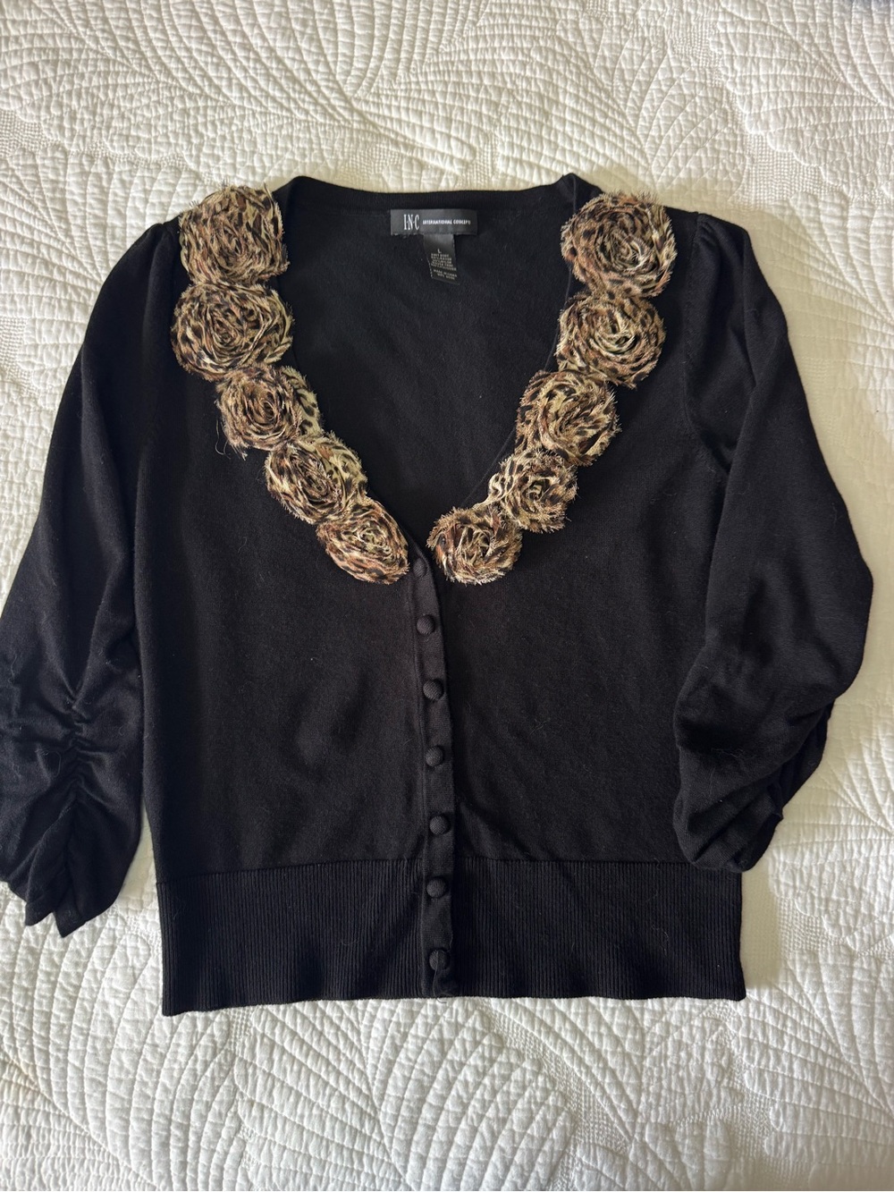 Women’s I.N.C. Black cardigan with leopard print roses size L